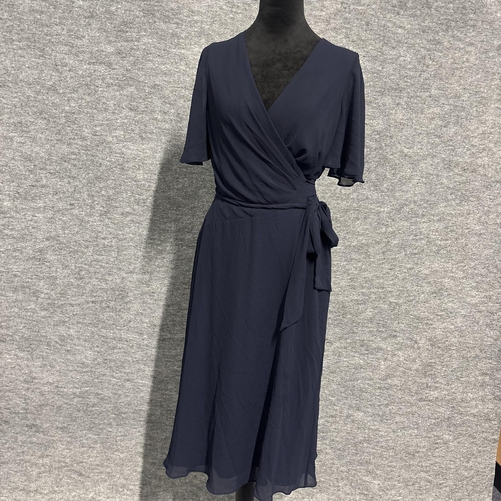 Lauren Ralph Lauren Dress Womens 4 Navy Wrap Midi Flutter‎ Sleeve Belted V Neck